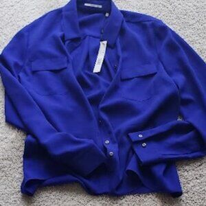 Tahari Long Sleeve Bright Blue Blouse with Front Packets